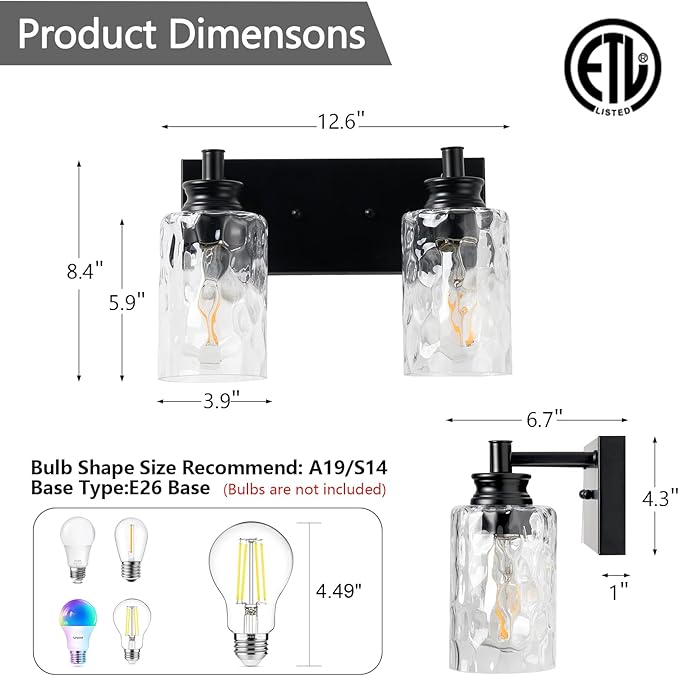 2 Light Bathroom Vanity Light Modern Black Bathroom Light Fixtures Over Mirror with Hammered Glass Lampshade for Kitchen Hallway