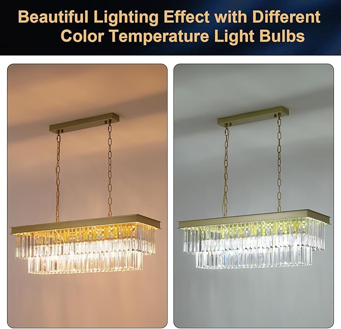 Rectangular Crystal Chandelier Gold for Dining Room Modern Chandelier Rectangle Linear Pendant Light Fixtures for Kitchen Island L33” K9 Luxury Long Chandelier for Living Room