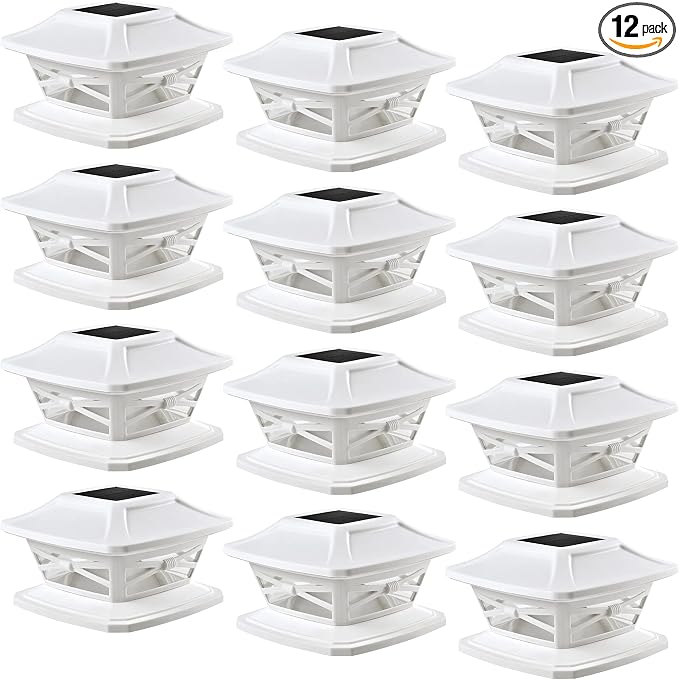 Flexfit Solar Outdoor Post Cap Lights - Includes Bases for 4x4 5x5 6x6 Wooden Posts - Bright LED Light - Pearl White (12 Pack) | Pearl White, Wooden Posts, fence/deck/garden/patio, UV fade-protected plastic, auto-on, 7-8h, cordless, IP44, 25lm warm white