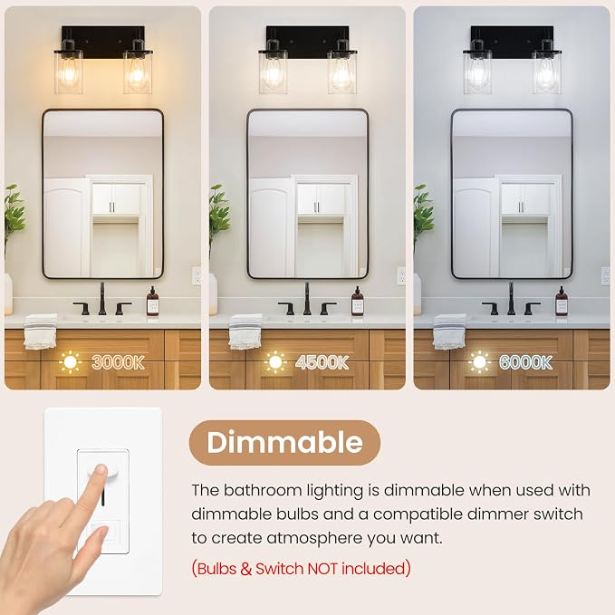 2-Light Bathroom Light Fixtures, Black Vanity Lights for Bathroom with Clear Glass Shade, Bathroom Lights Over Mirror, Modern Bath Wall Mounted Lamp for Living Room, Bedroom, Porch