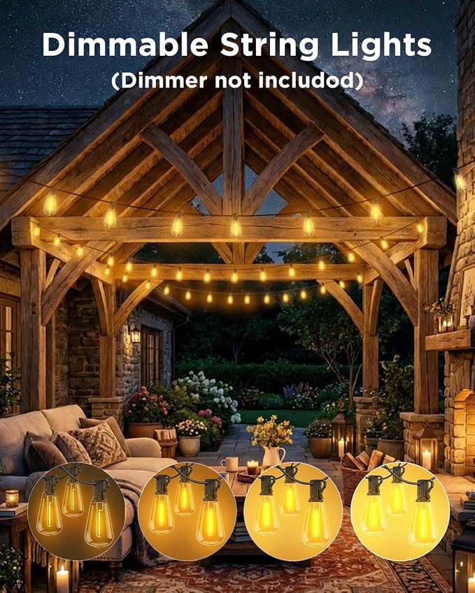 VOLIVO 200FT Outdoor String Lights for Patio, Waterproof Hanging Lights | 65+2 Shatterproof ST38 Edison Bulbs, Dimmable & Connectable Outside String Light for Backyard, Deck, Porch, Balcony