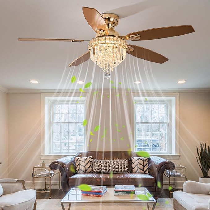 Crystal Ceiling Fan Fandelier with Lights-Ceiling Fans with Lights,54" Low Profile and Remote Control, Flush Mount, Reversible, Dimmable, Noiseless,Gold Ceiling Fan for Bedroom