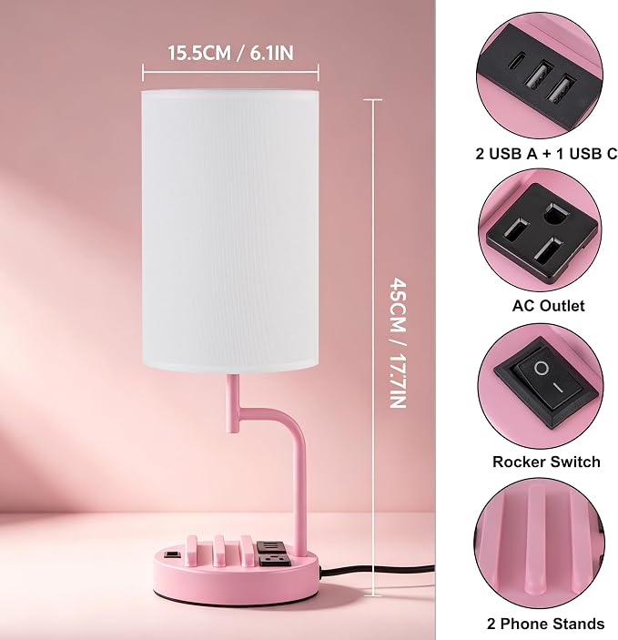 Dreamholder 2 Pack Table Lamp, Bedside Lamp with 3 USB Charging Ports & AC Outlet, USB Desk Lamp with 2 Phone Holders, Linen Fabric Shade Nightstand Lamps for Bedroom Living Room Office, Baby Pink
