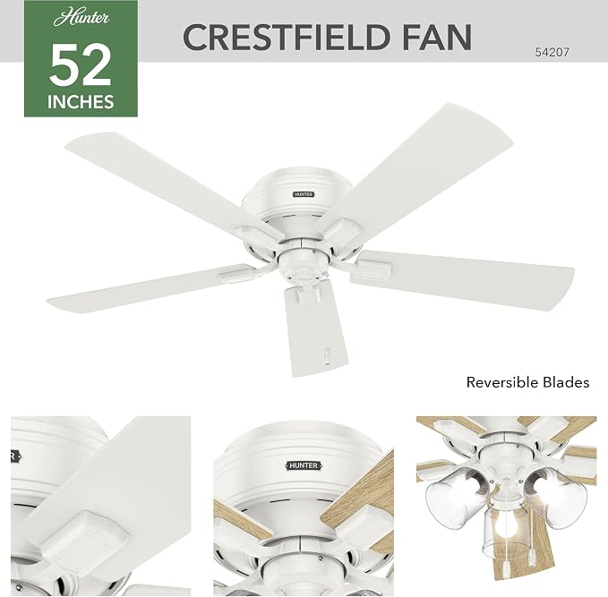 Hunter 52 inch Indoor Ceiling Fan with LED Lights and Pull Chain - Low Profile Flush Mount White Ceiling Fan, 5 Blades, For Bedroom, Living Room, or Kitchen, Quiet - Crestfield 54207, Fresh White | with LED Lights and Pull Chain, Low Profile Flush Moun...