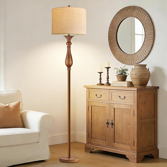 Wood Floor Lamps for Living Room Farmhouse Boho Floor Lamp with Remote Control & 3 Color Temperature,Dimmable Vintage Floor Lamp Mid Century Modern Standing Lamp Pole Tall Floor Lamp Bedroom Corner
