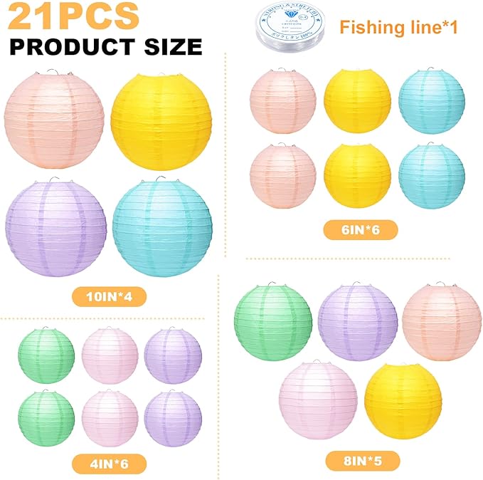 21 Pcs Pastel Neon Hanging Paper Lanterns - Colorful Party Decor in 8 Macaron-Colored Shades - 4 Sizes (4/6/8/10 Inch) for Baby Shower, Classroom, Wedding, Birthday Decorations