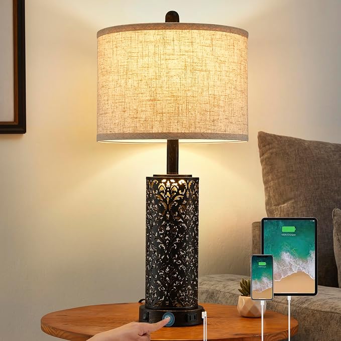 SAIWEYA 26" Set of 2 Farmhouse Table Lamp for Bedroom, Dimmable Touch | 3 Way Dimmable, 2 USB Ports + AC Outlet Bedside Lamp for Nightstand, LED Bulb Included, Fabric Shade, Flower Metal Body