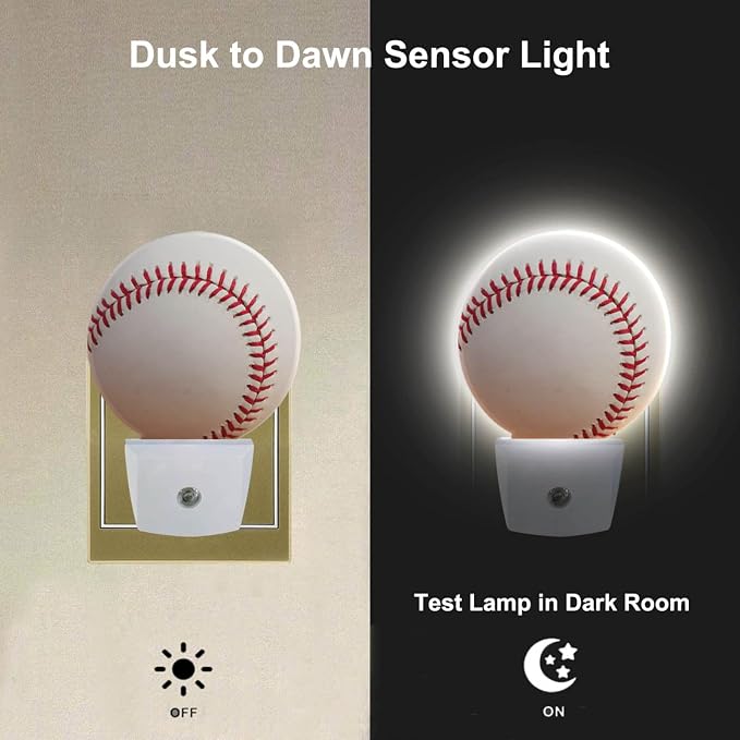 Home Baseball Decorative Night Light Sports Theme White and Red Baseball Laces Softball Laces Night Lights Plug into Wall with Dusk to Dawn Sensor for Boys Men Room Decor