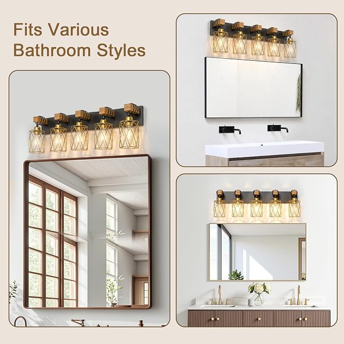 IZORRO Farmhouse Bathroom Vanity Light, 5-Light Wood Bathroom Light Fixtures Over Mirror, Black and Gold Industrial Vanity Lights with Metal Shade, Rustic Restroom Lighting Fixtures