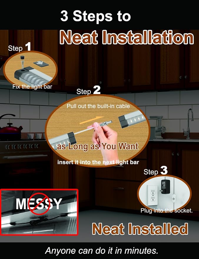 EBD Under Cabinet Lighting Plug in 3 Pcs 12 Inch, Dimmable No Messy Wires Built-in Adjustable Cable LED Light Bar 6500K 1350LM for Kitchen Home Office, Memory for Smart Plug, 2 Pcs Extension Cables