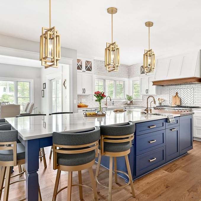 Modern Pendant Light Fixtures 2 Pack 1 Light, Gold Finish Cage Farmhouse Pendant Lights with Max 59'' Adjustable, Small Square Pendant Ceiling Hanging Light for Kitchen Island Dining Room Entryway
