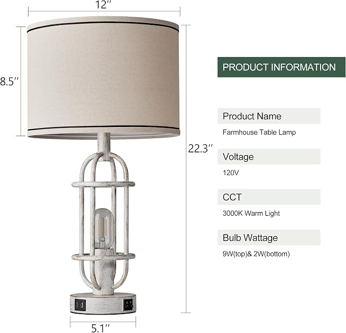 Reaketon 22.3" Farmhouse Table Lamps Set of 2, Vintage Lamps for Living Room End Tables, Bedroom Lamp for NightStand with USB C+A Ports, Antique White