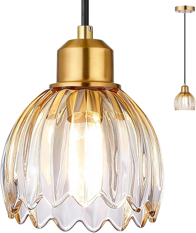 TALOYA Amber Glass Pendant Light,Vintage Hanging Light with Tulip Lampshade | Adjustable Farmhouse Mini Pendant Lighting Fixture for Kitchen Island, Dining Room, Bedroom, Hallway & Bar Decor