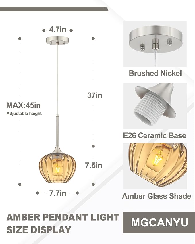 2-Pack Amber Pendant Lights for Kitchen Island, 7.7" Modern Glass Pendant Lighting with Brushed Nickel Vintage Light Fixtures Adjustable Hanging Light for Kitchen, Dining Room, Bar, Bathroom