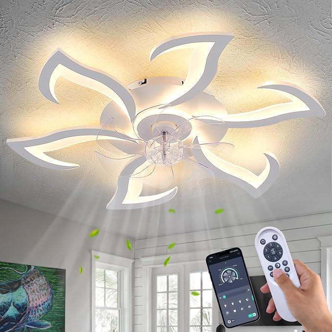 Modern Ceiling Fan with Lights Remote Control, 32" White Flush Mount Ceiling Fan with Light, 6 Speeds 3 Light Color Low Profile Ceiling Fan for Kitchen Bedroom