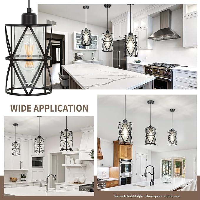 Black Pendant Lights Kitchen Island, Pendant Light with Clear Glass Shade, Modern Hanging Light Fixture, Adjustable Cord Length, Easy Install, Ceiling Light for Kitchen Island, Foyer, Dining Room