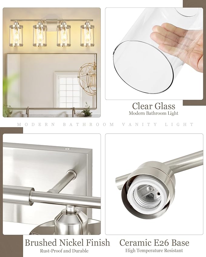 4-Light Brushed Nickel Bathroom Light Fixtures, 29 Inch Modern Bathroom Vanity Lighting Fixtures Over Mirror with Clear Glass and Metal Cage Wall Sconce Lights for Bath, E26, OS-3014BN-4W