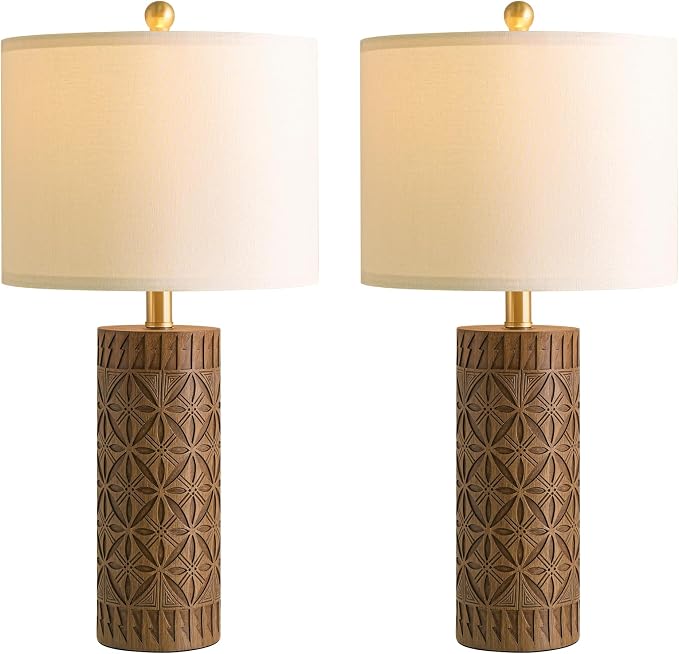 BOBOMOMO 24.25" Modern Farmhouse Table Lamps Set of 2, Geometric Wood Grain Resin Bedside Lamps for Nightstand, Rustic Lamps for Living Room, Bedroom, Entryway, Home Decor, Linen Shade