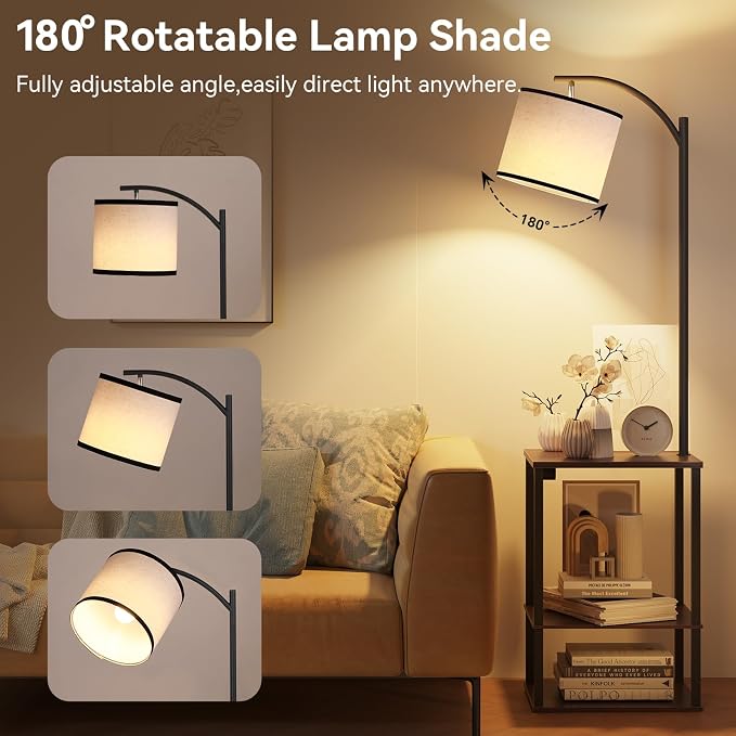 SUNMORY Floor Lamp with Table Shelves, End Side Table for Living Room | USB & AC Charging Stations, 3 Color Temperature 9W LED Bulb, Adjustable Shade, Modern Nightstand Lamps for Bedroom Office