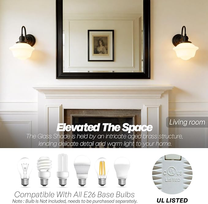 Vintage Wall Sconce Black Milk Glass Bathroom Vanity Light | 1 Pack,Bathroom Light Fixtures,Matte Black,Frosted Milk Glass,Hardwired Only,E26 Base,for Bathroom Mirror Hallway
