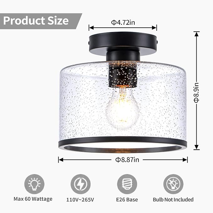 Zlepmlla Modern Flush Mount Ceiling Light, Seeded Glass Ceiling Light Fixture, Black Light Fixture for Hallway, Bedroom, Entryway, Kitchen，Living Room