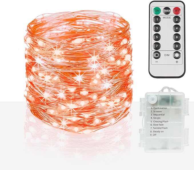 Halloween Lights Battery Operated, 33ft 100 LED Orange String Lights for Outside Decorations Waterproof, Fairy Lights with Timer and Remote for Party, Yard, Outdoor, Tree, Wedding, Rroom Decor