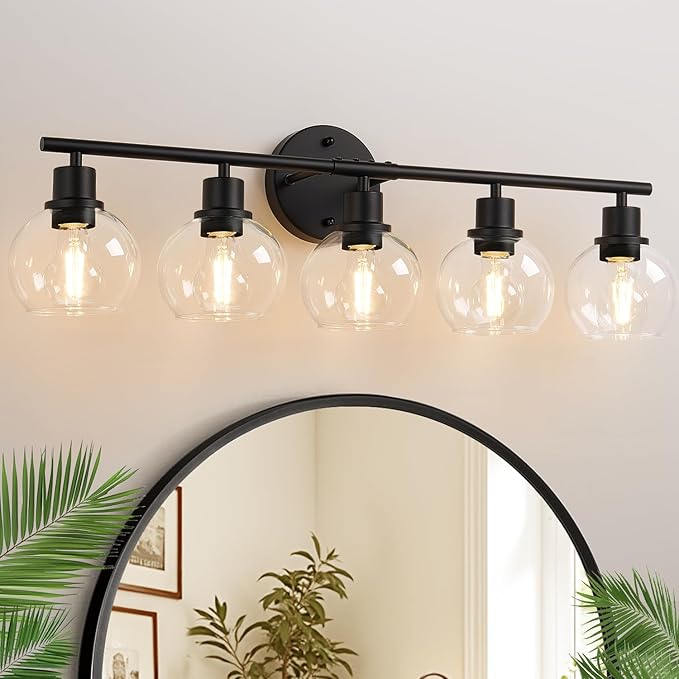 5-Light Bathroom Light Fixture, Matte Black Vanity Light with Clear Glass Globe Shades, Modern Bathroom Lights Over Mirror, Wall Sconce Lighting for Bathroom, Bedroom, Hallway, Living Room, Porch
