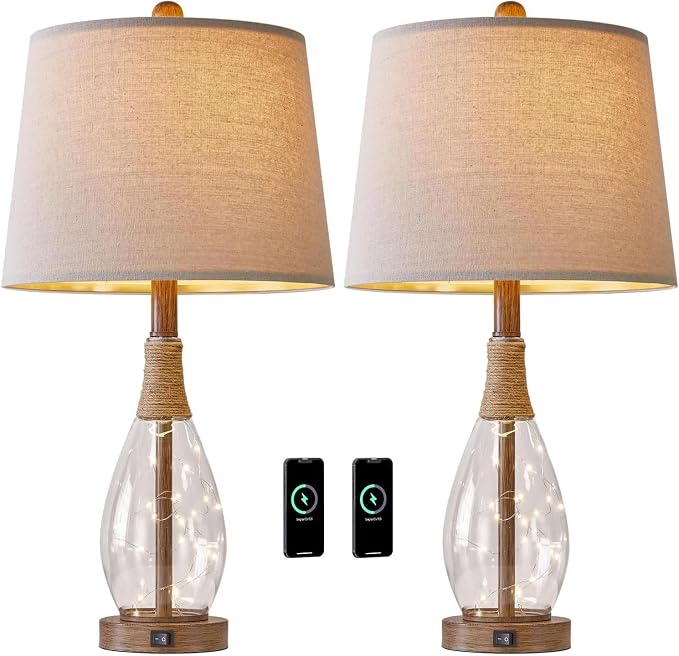 PoKat 2 in 1 Bedside Table Lamps Set of 2, Farmhouse Glass Lamp, Wood-like | Bedroom Lamps for Nightstand,Top Light&Fairy Night Light,Built-in USB with Bulb,Boho Rattan Design for Nursery Hallway
