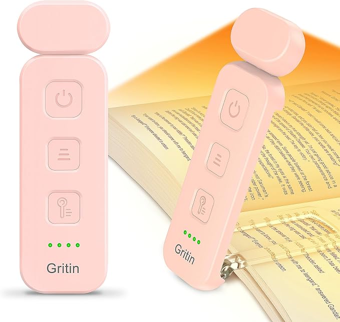 Gritin Reading Light, Rechargeable Book Light for Reading in Bed | Eye Caring 3 Color Temperatures, 5-Level Dimmable Brightness, Long Lasting, Compact Size Clip on Book Lamp for Bookworms-Pink