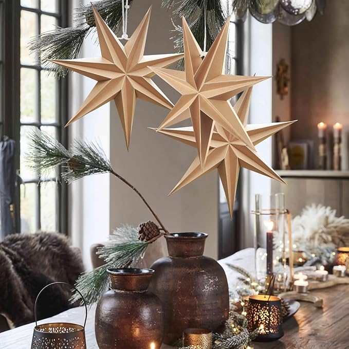 SUNBEAUTY 3 Pcs 7-Pointed Natural Paper Star Lanterns 12 Inch Christmas Hanging Lamp Rustic Paper Decorations Shade Wedding Birthday Christmas Home Party Decorations