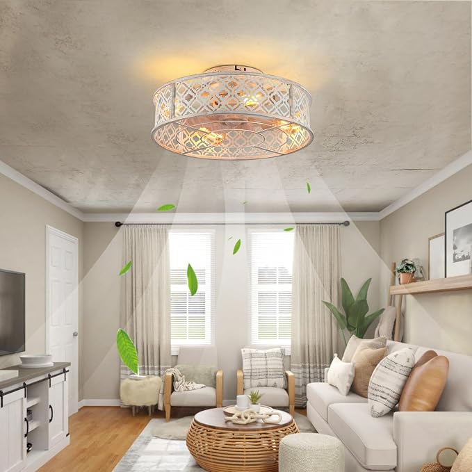 20" Caged Ceiling Fans with Lights Flush Mount Ceiling Fan with Remote,Small Black Low Profile Bladeless Ceiling Fan Light Fixture for Bedroom, Kitchen, Dining Room 4 bulbs Included,6 Speeds