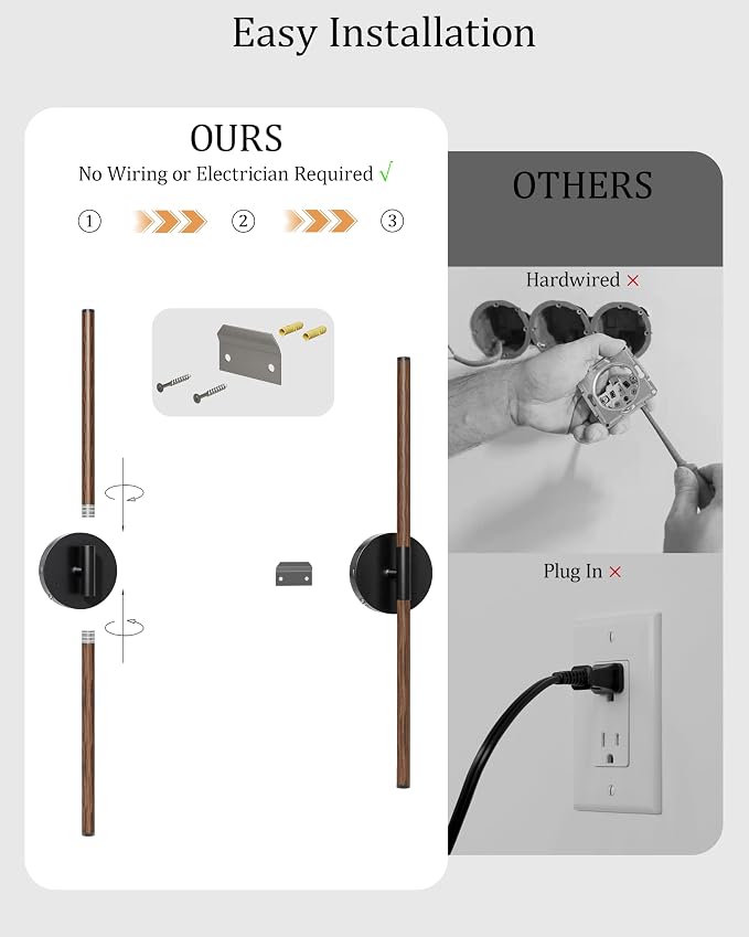 32" Battery Operated Wall Sconce Set of 2, 350° Rotating Lamp, Walnut Black | Wireless, 8000mAh Rechargeable Battery, Stepless Dimming, 3000K-6000K, Remote & Touch Control, Timer, Living Room, Bedroom
