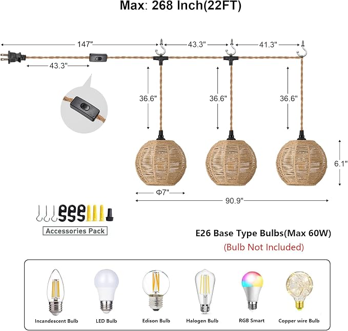 3 Lights Plug in Pendant Light with Cord On/Off Switch | Rattan Hanging Lamp with 22ft Hand Woven Wicker Plug in Chandelier Boho Hanging Lights Fixture