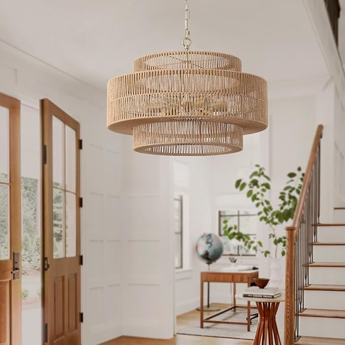 23.6"Large Boho Rattan Farmhouse Chandeliers for Dining Room,6-Light Rattan Hand-Woven Rustic Drum Chandelier Pendant Light Fixture for Kitchen Island Bedroom Living Room Entryway Foyer(Brown)