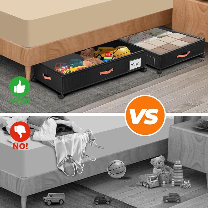 Under Bed Storage with Wheels,2-Pack Under Bed Storage Containers with Clear Lids,XXL Large Under the Bed Storage Organizer Bins With Handles,Space Saving Design for Clothes,Shoes,Books-Black2