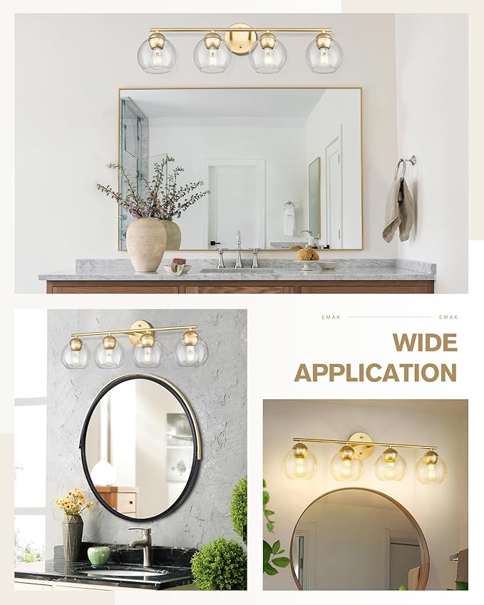 Emak Gold Vanity Lights, Modern Globe Bathroom Light Fixtures, 29 Inch 4-Light Bathroom Vanity Light with Clear Glass Shade for Bath, VL114-GD-4