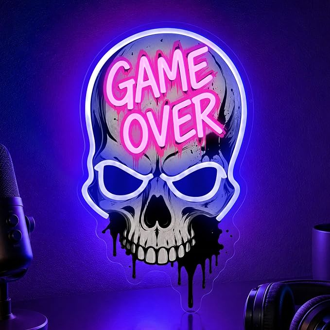 Game Over Skull Neon Sign LED Neon Light USB Dimmable Gaming Room Decor