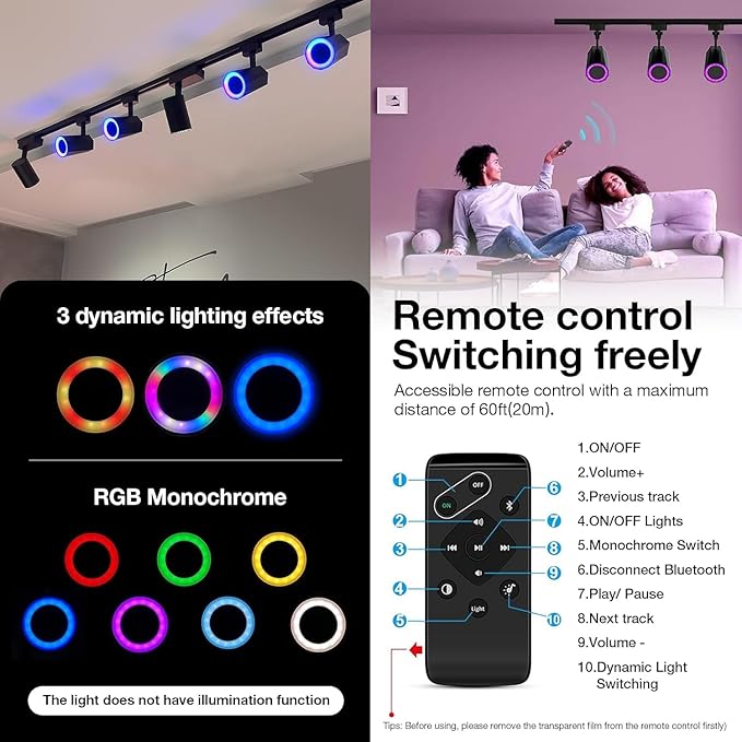 Gsou 3 Pack Track Lighting Speakers, Track Light Bluetooth Speaker, RGB Color Changing, with Remote, Music Sync, Plug IN Light head with 3.3FT Track Rail, Ideal for Smart TV, Home Decor, Kitchen, Game