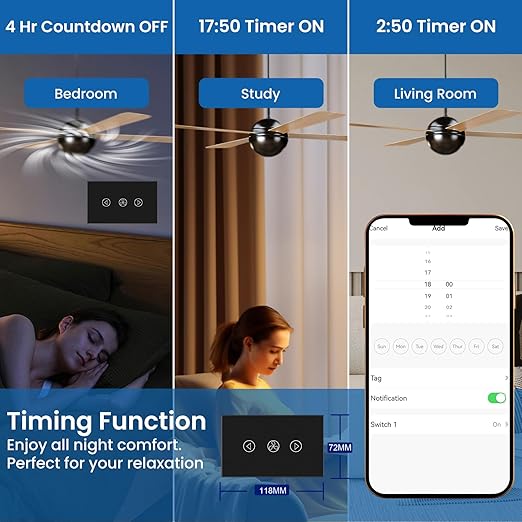 Smart Fan Switch Single Gang 2.4GHz Wi-Fi Touch Switch, Neutral Wire Required,Work with Smart Life/Tuya App and Alexa,Tempered Glass Panel,Black