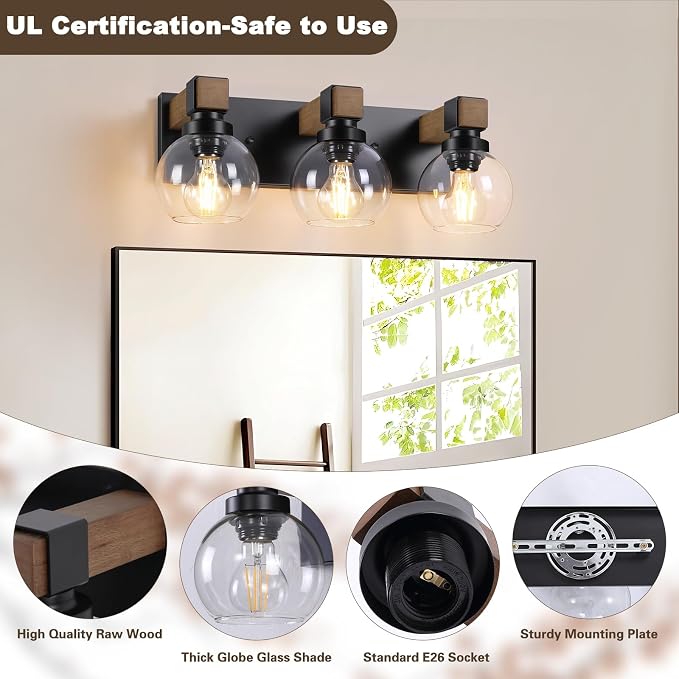 Farmhouse Bathroom Light Fixtures, 3-Light Rustic Wood Bathroom Lights Over Mirror with Glass Globe Shades, Matte Black Wall Mounted Lamp Vanity Lights for Bathroom Bedroom Living Room Cabinet