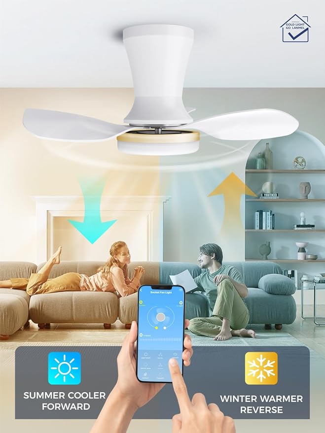 LANMEL Metal Ceiling Fan with Lights and Remote, 22 Inch, Gold & White | Modern Low Profile Flush Mount, Reversible, 3CCT Dimmable, Quiet, LED, For Bedroom, Living Room, Indoor/Outdoor Patio Use