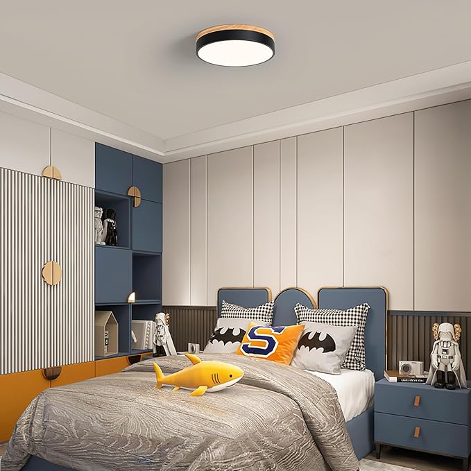 Modern Wood Oak Black Flush Mount Ceiling Light Dimmable LED Ceiling Light Fixture Minimalist Circle Close to Lighting Lamp for Kitchen Bathroom Bedroom Laundry Room, 11.8''