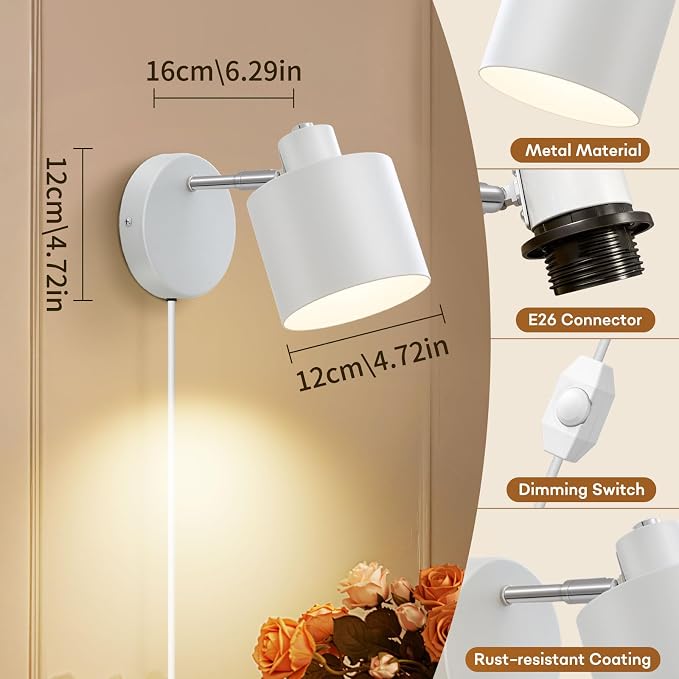 Lightess Plug in Dimmable Wall Lights Adjustable Lamp with Cord Set of 2 | 350° Adjustable Design, Plug in Dimmable Fixture,Modern Fits Kitchen Bedroom Hallway Light Bulbs not included