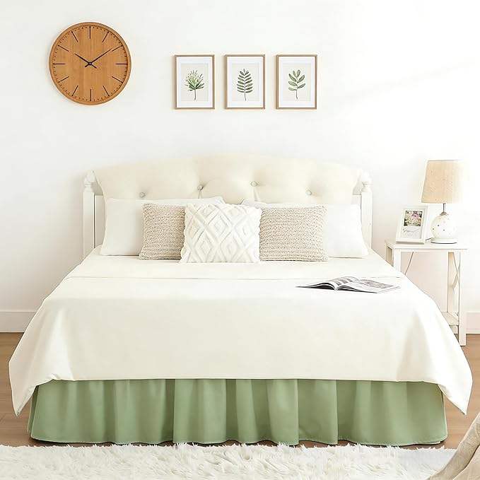 RIMELA Bed Skirt Twin Size 15 Inch Drop, Wrap Around Elastic Bedskirt for Home, Room Decoration for Women, Pleated Adjustable Dust Ruffle, Light Green, Easy to Install
