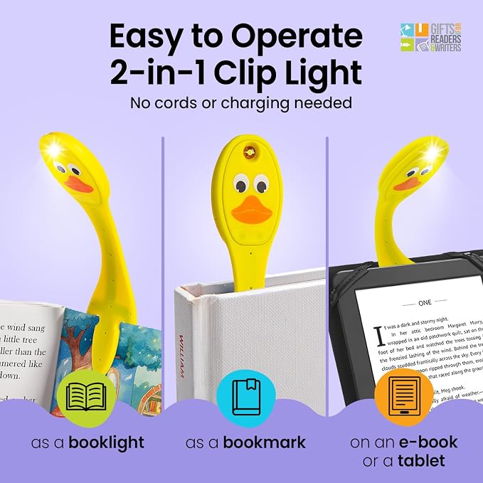 Gifts for Readers & Writers Book Light, Clip On Reading Light for Bed, 2in1 Flexilight & Bookmark, Small & Lightweight with a Soft Glow, 2 Batteries Included, Duck