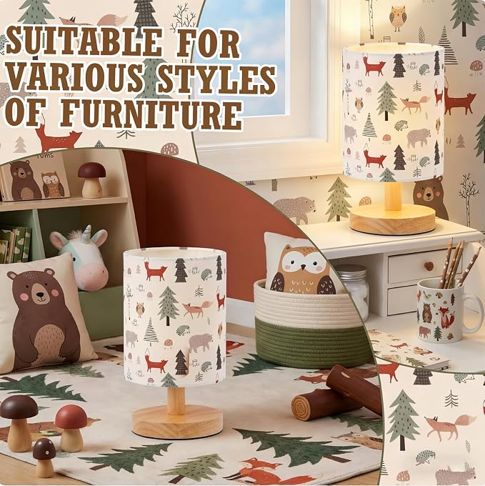 Woodland Animals Kids Table Lamp for Bedroom Kids Bedside Lamp with Linen Wooden Nightstand Cartoon Nursery Lampshade for Girls Boys Living Room