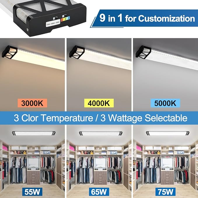 DAKASON 4FT LED Light Fixture for Kitchen Ceiling with Night Lighting, 48inch Wraparound for Laundry 75/65/55W 3/4/5000K Selectable, 4' Shop Light Replacing Fluorescent Tube 4Pack