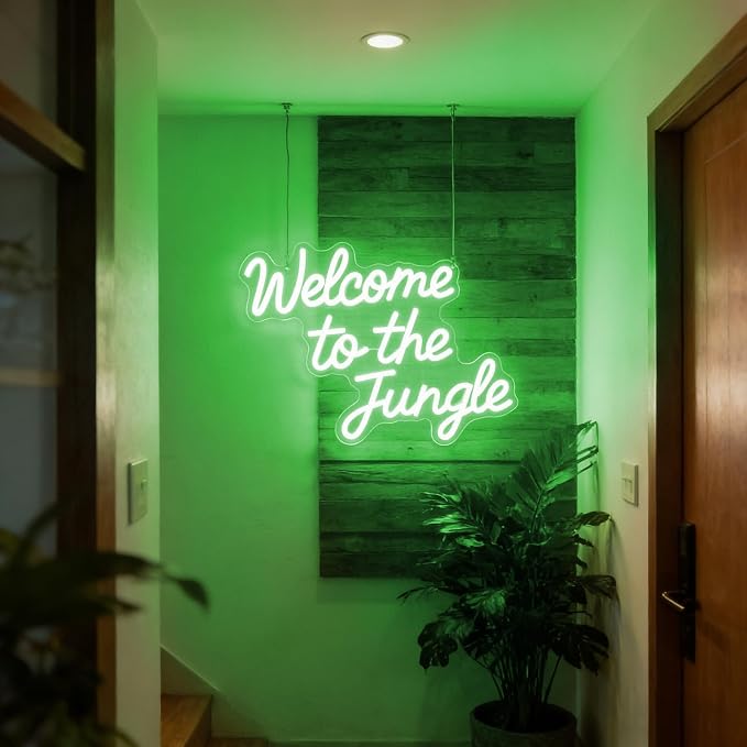 Welcome to the Jungle Neon Sign Green Jungle Decor Dimmable Rainforest Sign | LED Jungle Letter Lights for Rainforest Party,Classroom,Nursery,Home Entryway,Room,Garden Front Porch Decoration, USB Powered