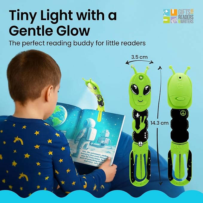 Gifts for Readers & Writers Bookmark Reading Light Alien Green - 2in1 Clip On Bookmark Kids Book Light for Reading Night in Bed, Travel Cute Book Lights, Flexible 8 Lumen LED Lights for Books