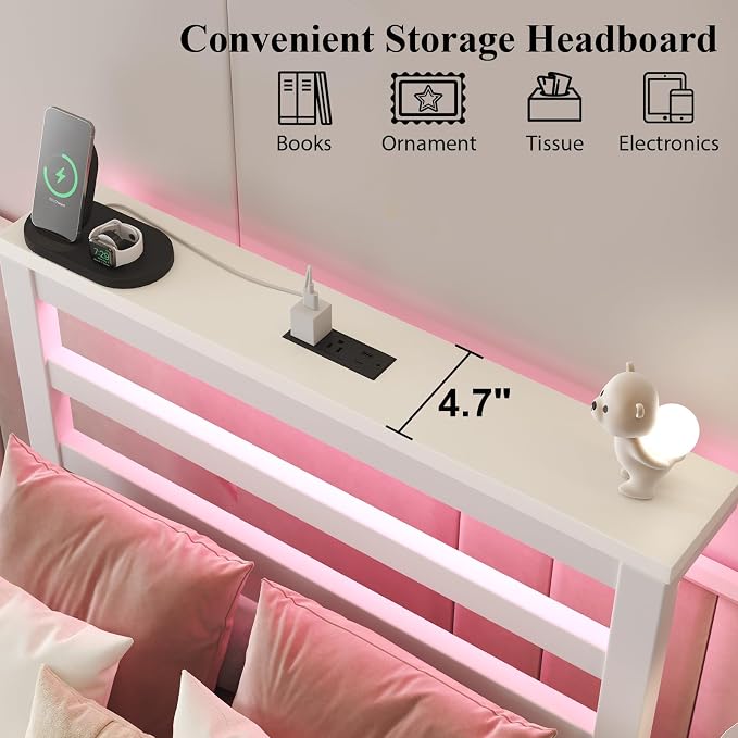 LOEWAY Twin Size Metal Bed Frame with Storage Headboard & LED Lights, White | Built-In Charging Station, Under-Bed Storage, Heavy Duty Metal Slats, No Box Spring Needed, Solid and Stable, Easy Assembly
